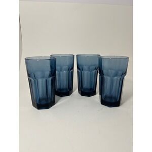 Libbey Cobalt Blue Faceted Glass Tumblers Set of 4 Paneled Water Glasses 22 L